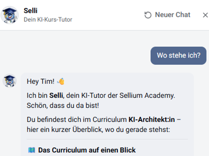 Chat mit Selli, dem KI-Tutor der Sellium Academy: persönliche Begrüßung und Überblick über das Curriculum