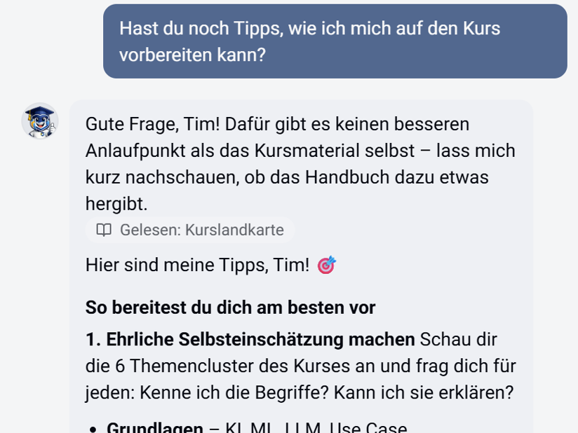 Selli beantwortet eine Frage zur Kursvorbereitung und zitiert dabei aus dem Kursmaterial
